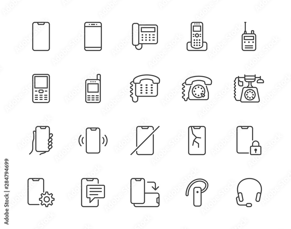 Phone flat line icons set. Smartphone, landline telephone, portable device, walkie talkie, broken display vector illustrations. Outline signs technology store. Pixel perfect 64x64. Editable Strokes - obrazy, fototapety, plakaty 