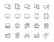 Devices flat line icons set. Pc, laptop, computer, smartphone, desktop, office copy machine vector illustrations. Outline minimal signs for electronic store. Pixel perfect 64x64. Editable Strokes