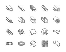 Stainless Steel Flat Line Icons Set. Metal Sheet, Coil, Strip, Pipe, Armature Vector Illustrations. Outline Signs For Metallurgy Products, Construction Industry. Pixel Perfect 64x64. Editable Strokes