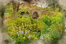 Digital Watercolor Painting Of Landscape Image Of Medieval Bridge In River Setting In English Countryside