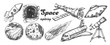 © PikePicture - Collection Of Space Exploring Elements Set Vector. Space Rocket And Shuttle, Satellite And Ufo, Asteroid And Exposure Suit, Planet And Telescope. Hand Drawn In Vintage Style Monochrome Illustrations