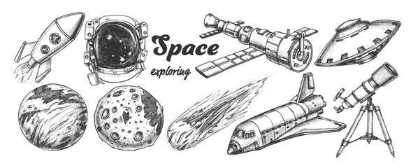 Wall Mural - collection of space exploring elements set vector. space rocket and shuttle, satellite and ufo, aste