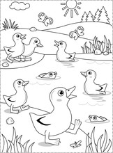 Spring Or Summer Joy Themed Coloring Page With Ducklings At The Pond.