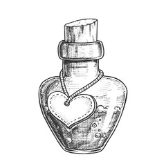 Wall Mural - potion bottle with blank heart form label vector. glass bottle with love mixture. bubbled liquid in 