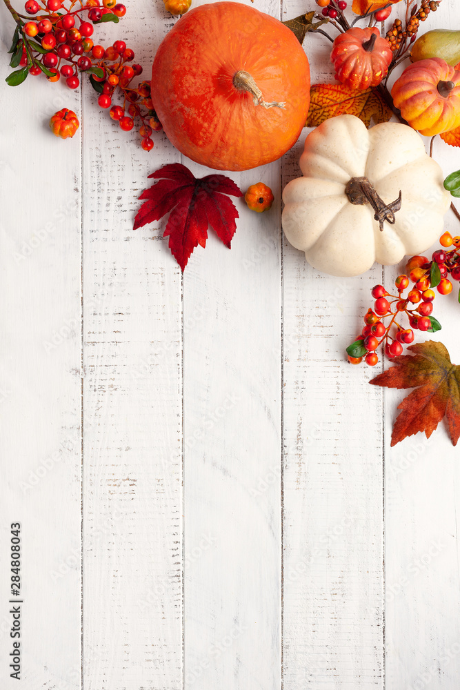 Festive autumn decor from pumpkins, berries and leaves on a white  wooden background. Concept of Thanksgiving day or Halloween. Flat lay autumn composition with copy space. - obrazy, fototapety, plakaty 