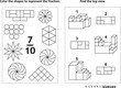 © ratselmeister - Two visual math puzzles and coloring pages. Color the shapes to represent the fraction. Find the top view. Black and white. Answers included.