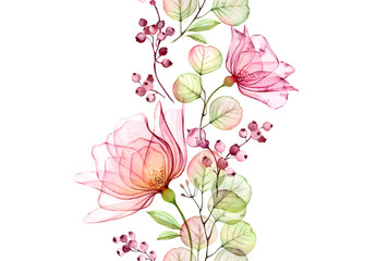 transparent watercolor rose. seamless vertical border. isolated hand drawn arrangement with big flow