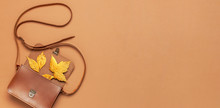 Brown Leather Women Bag And Golden Autumn Leaf On Brown Background Top View Flat Lay Copy Space. Fashionable Women's Accessories. Autumn Fashion Concept. Stylish Lady Clothes, Fall Leaves