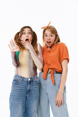 Canvas Print - Portrait of two shocked girls wearing casual clothes screaming and expressing surprise at camera