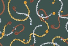 Seamless Pattern With Elegant Intertwined Golden And Silver Chain Belts With Charms And Leather Tassels On Green Background. Backdrop With Trendy Luxury Accessories. Vector Illustration For Wallpaper.