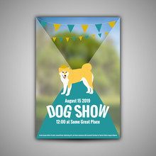 Poster Template For Dog Show With Shiba Inu In Golden Crown. Flat Style Cartoon Stock Vector Illustration.