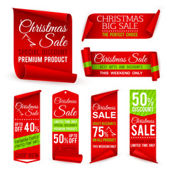 Canvas Print - Christmas ribbons. Xmas holiday red fabric sale banners with discount offers. Realistic vector tag labels. Illustration discount offer, xmas sale, christmas advertising