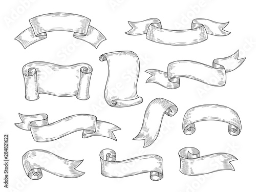Hand Drawn Ribbons Sketch Banner Ribbon Engraved Old Labels