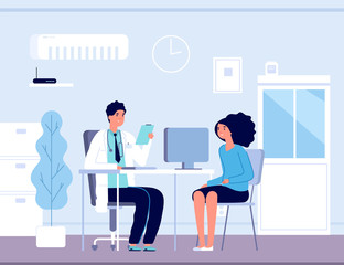 Wall Mural - Patient in doctor office. Physician medical consulting. Diagnosis treatment patients in hospital, healthcare vector concept. Diagnosis patient and care, treatment healthcare