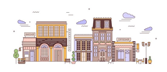 Fototapete - Cityscape with district of exquisite elegant residential buildings of European architecture. Urban landscape with living houses, bakeshop, coffeeshop. Colorful vector illustration in line art style.