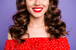 Cropped photo of beautiful lady show perfect condition beaming smile wear red dress isolated purple background