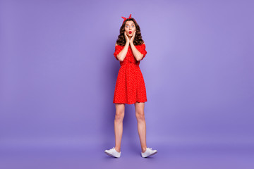 Sticker - Full length body size photo of frightened scared girl seeing something horrible while isolated with violet background