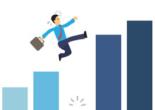 Businessman Running On The Graph And Jumping Over A Giant Gap.