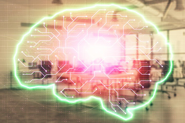 Human brain drawing with office interior on background. Double exposure. Concept of innovation.