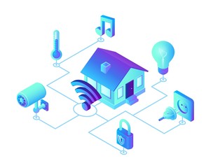 Wall Mural - Smart home system concept. 3D isometric remote house control system. IOT concept. Smart home connection and control with devices through home network. Internet of things. Vector illustration.
