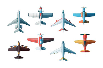 Wall Mural - aircraft top view. civil and military airplanes collection in flat style vector pictures. illustrati