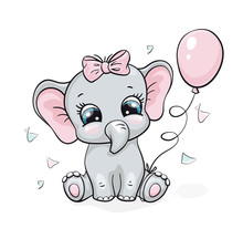 Elephant, Baby Cute Print. Sweet Tiny Girl With Bow, Ballon, Confetti. Cool African Animal Illustration