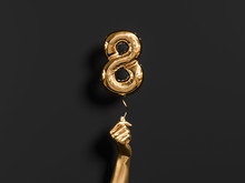 Eight Year Birthday. Golden Hand Holding Number 8 Foil Balloon. Eight-year Anniversary Background. 3d Rendering
