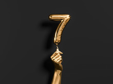 Seven Year Birthday. Golden Hand Holding Number 7 Foil Balloon. Seven-year Anniversary Background. 3d Rendering