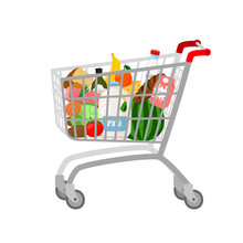 Grocery Shopping Cart On White. Full Supermarket Food Basket Vector Illustration, Shop Cart With Groceries Goods Isolated
