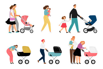 Parents with kids characters on white. Family people with children vector illustration, mom and baby, dad and daughter child parental love persons isolated