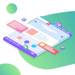 Wall Mural - Seo optimization web page template. Isometric Web interface. Colorful website illustration. Modern Landing page concept. Page design for site and mobile development.