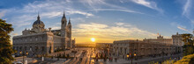 Madrid Spain Panorama City Skyline Sunset At Cathedral De La Almudena