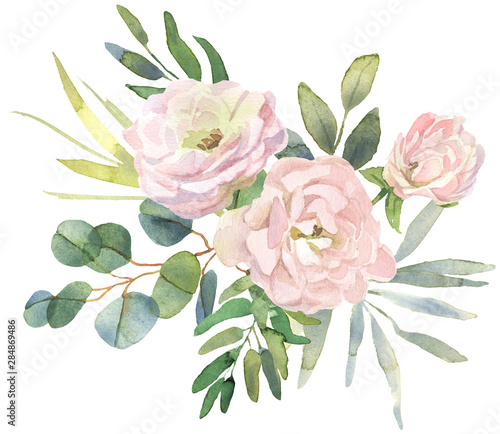 Plakat kwiaty akwarele  bukiet-roz-i-eukaliptusa