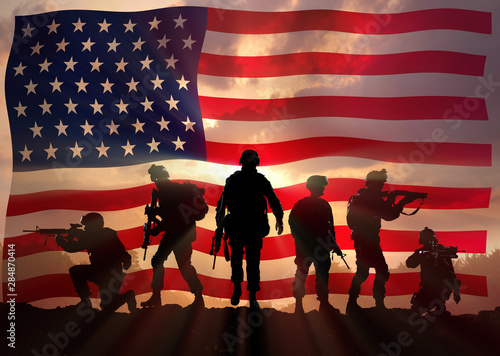 Cuadros en Lienzo Six military silhouettes against the American flag