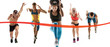 © master1305 - Creative collage of photos of 5 models running and jumping. Ad, sport, healthy lifestyle, motion, activity, movement concept. Male and female sportsmans of different ethnicities. White background.
