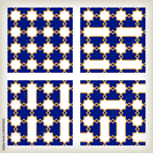 Four geometric arabic tiles. Seamless flat background.