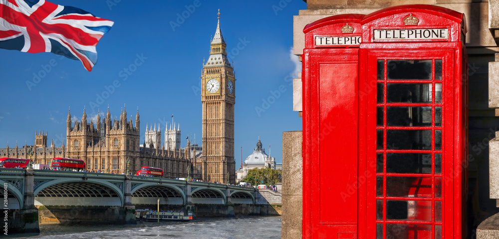 London symbols with BIG BEN, DOUBLE DECKER BUSES and Red Phone Booths in England, UK - obrazy, fototapety, plakaty 