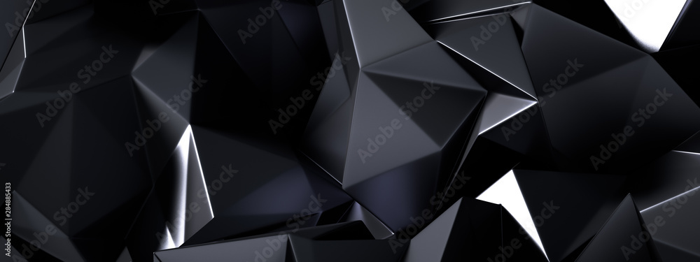 Black gray background with crystals, triangles. 3d illustration, 3d rendering. - obrazy, fototapety, plakaty 