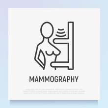 Mammography Thin Line Icon: Female Breast In Scanner. Laboratory Research. Modern Vector Illustration.