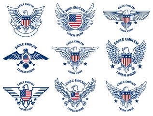 Set of emblems with eagles and usa flags. Design element for poster, emblem, sign, logo, label. Vector illustration