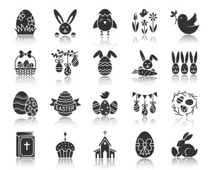 Wall Mural - Easter egg bunny rabbit black icons vector set