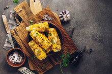 Flat Lay Sweet Corn Grilled With Cheese, Cilantro And Spices On A Rustic Cutting Board. Vegetarian, Healthy, Clean Eating, Overhead,copy Space.