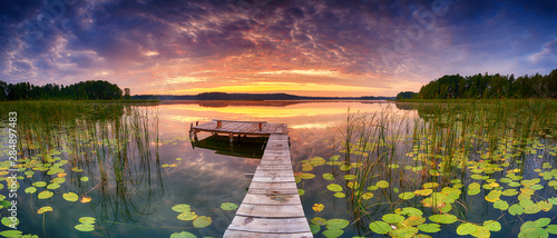 Naklejka dekoracyjna Beautiful summer sunrise over lake - Panorama