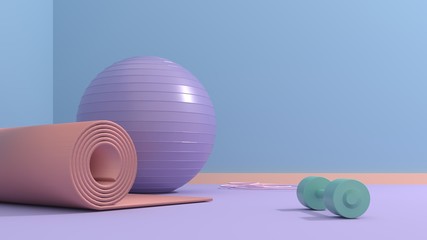 Wall Mural - Fitness equipment - ball, dumbbells, jump rope, rug on bright room, studio, training hall. Care of health, body care and figure. Intensive training, pilates, yoga, 3D, render, illustration.