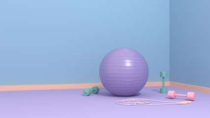 Wall Mural - Fitness equipment - ball, dumbbells, jump rope, rug on bright room, studio, training hall. Care of health, body care and figure. Intensive training, pilates, yoga, 3D, render, illustration.