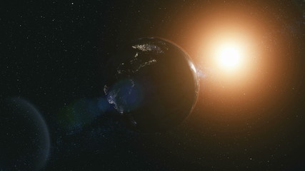 Wall Mural - rotate planet earth zoom in sun beam illuminate. celestial galaxy constellation cosmos nebula backgr