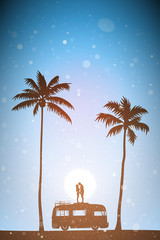 Sticker - lovers on roof of cartoon retro car at sunset. vector illustration with silhouette of couple on palm