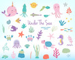 Cute cartoon sea animals and plants. Vector illustration