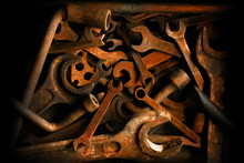Old Rusty Tools In Vintage Style. Close-up Photo.