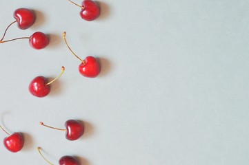 Wall Mural - Flat lay food photo. Red cherry. Mockup, copy space